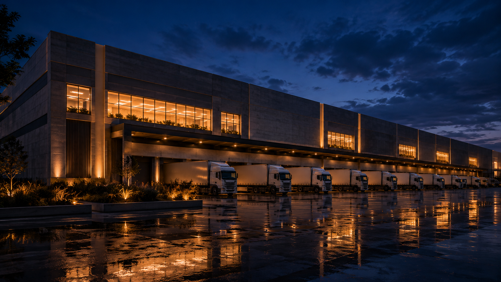 Centro logístico com caminhões à noite